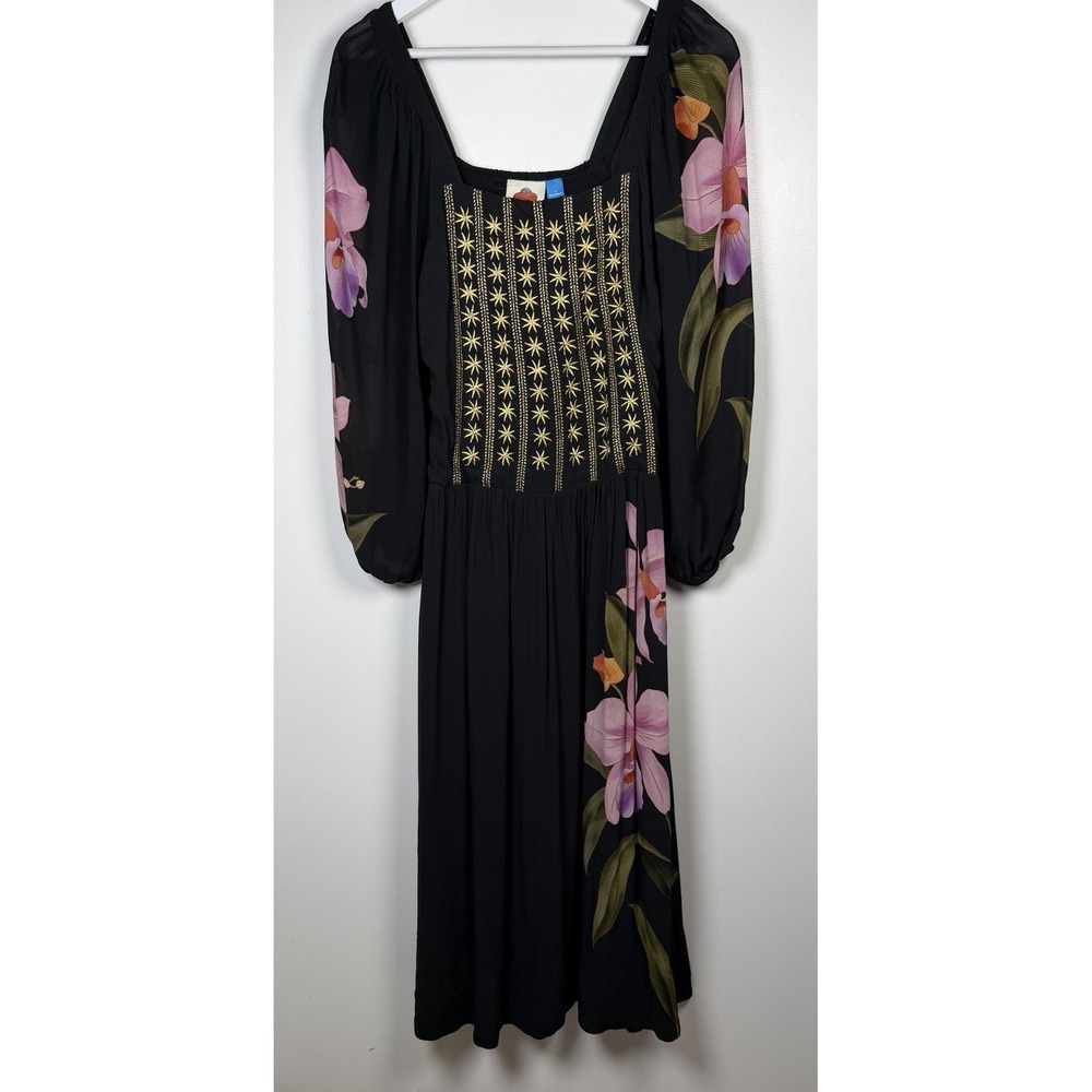FARM Rio Embroidered Goddess Orchid Floral Long Sleeve Midi Dress Black Small - Picture 3 of 16